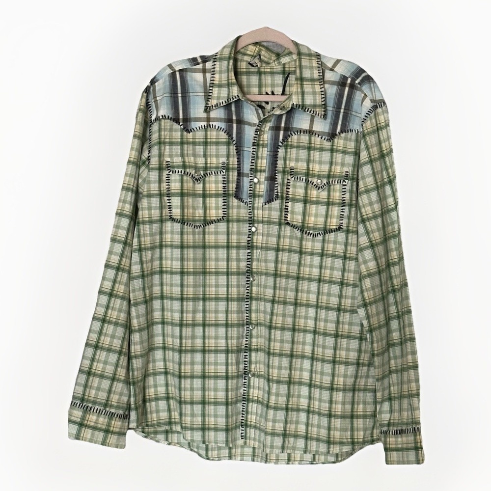 Bernini Western Pearl Snap‎ Shirt Men's 2XL Green Plaid Embroidered Eagle Cotton